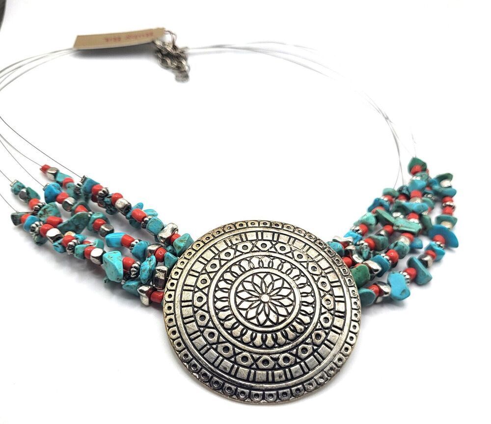 NWT Ruby Rd Turquoise and Coral Chip Southwestern Large Pendant Necklace 23 in